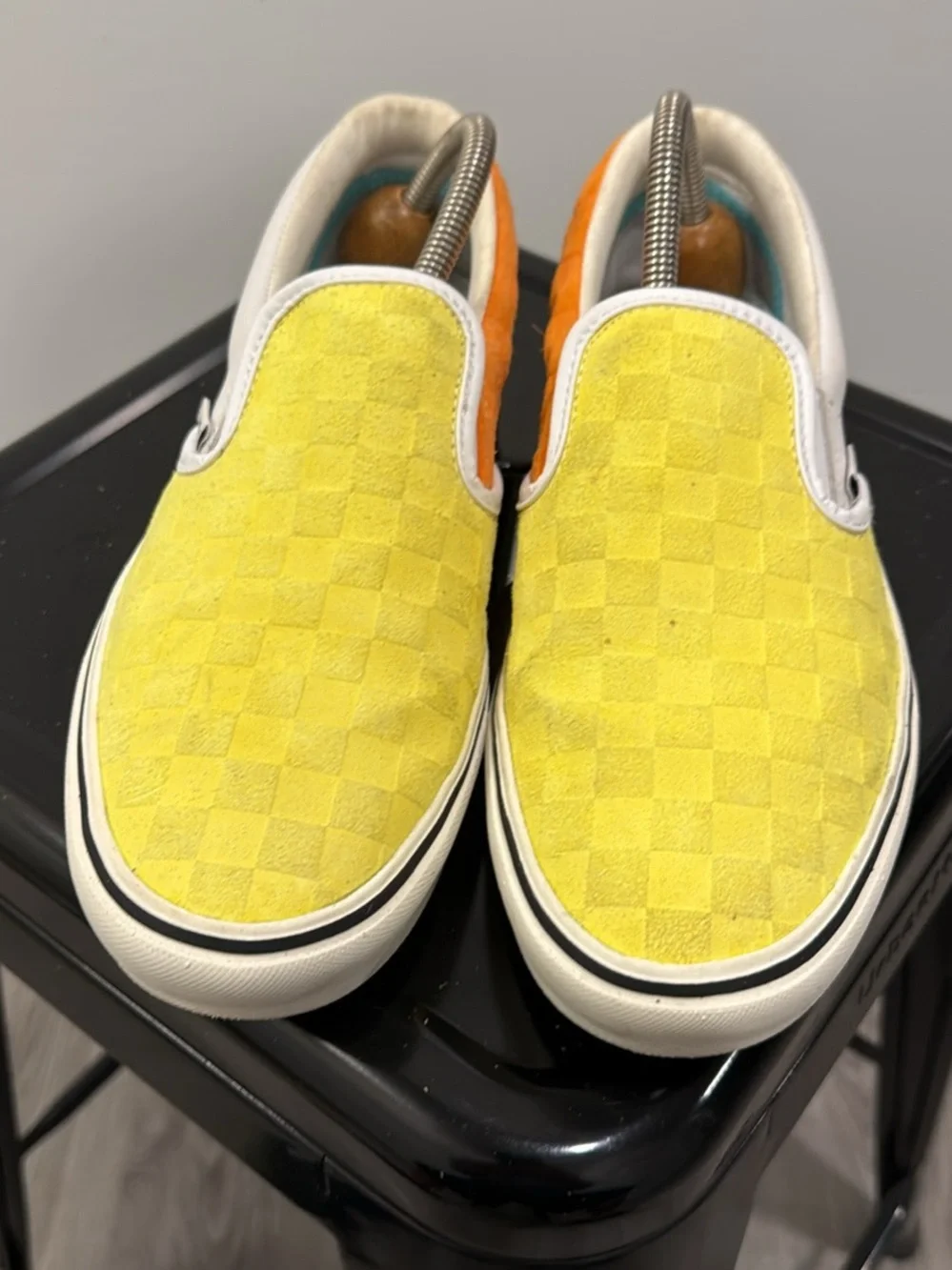 Vans Yellow Checkerboard Slip-On Loafers with Orange Heel Accent